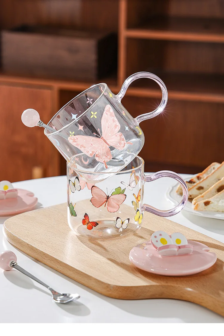 Butterfly Thermostable Glass Breakfast Cup Gift High Appearance Level pink Girl Heart Water Cupmug with Lid Spoon
