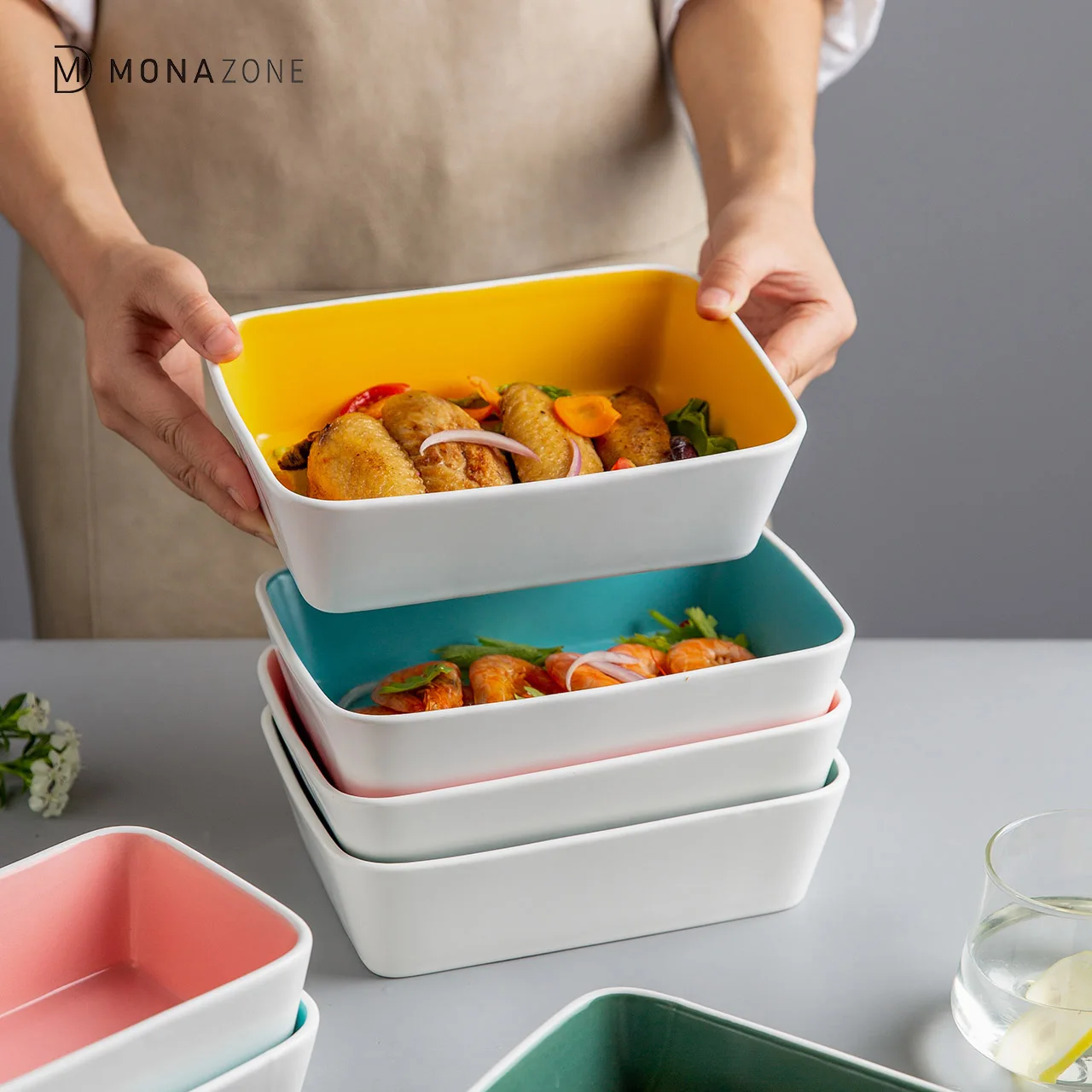 MONAZONE Stitching Color Ceramic Lasagna Baked Deep Plate Kitchen Bakeware Tray Rectangular Baking Pan