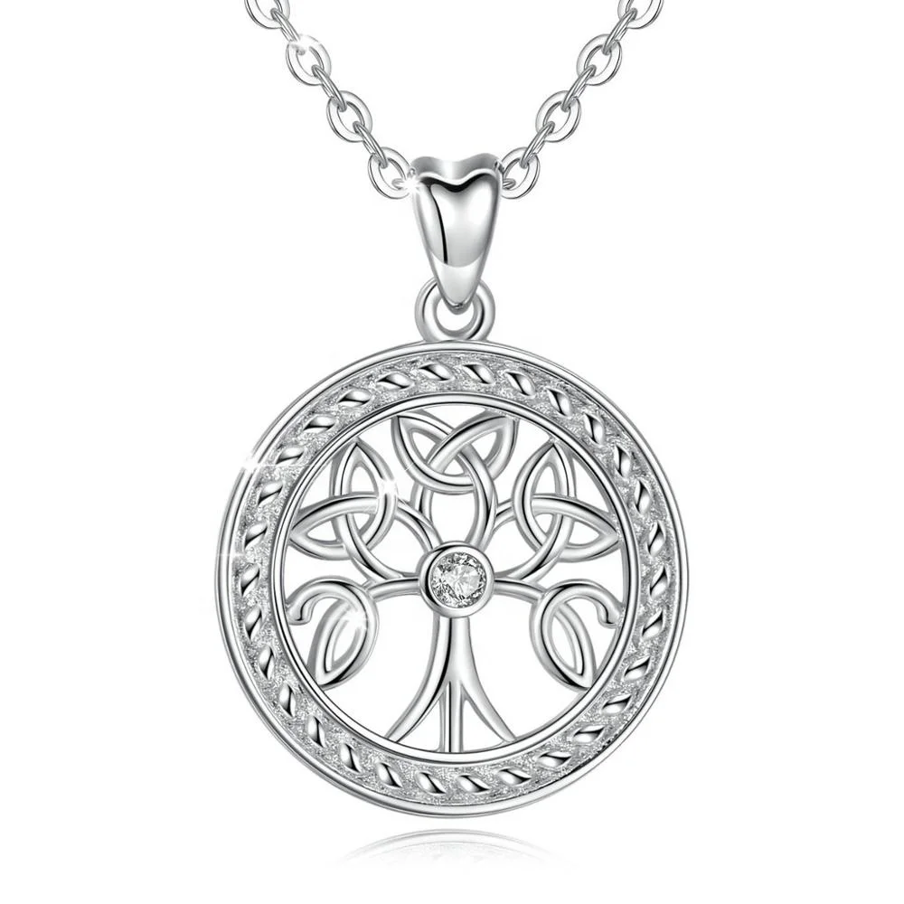 Custom Personalized 925 Sterling Silver Zircon Celtic Irish Knot Tree Of Life Silver Pendant Chain Necklace for Women