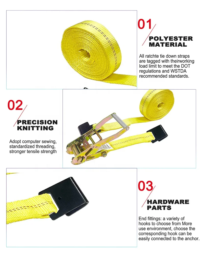 Heavy Duty Polyester 2 inch 10000lbs Ratchet Tie Down Strap Cargo Lashing Belt Strap With Flat Hook ratchet tie downs