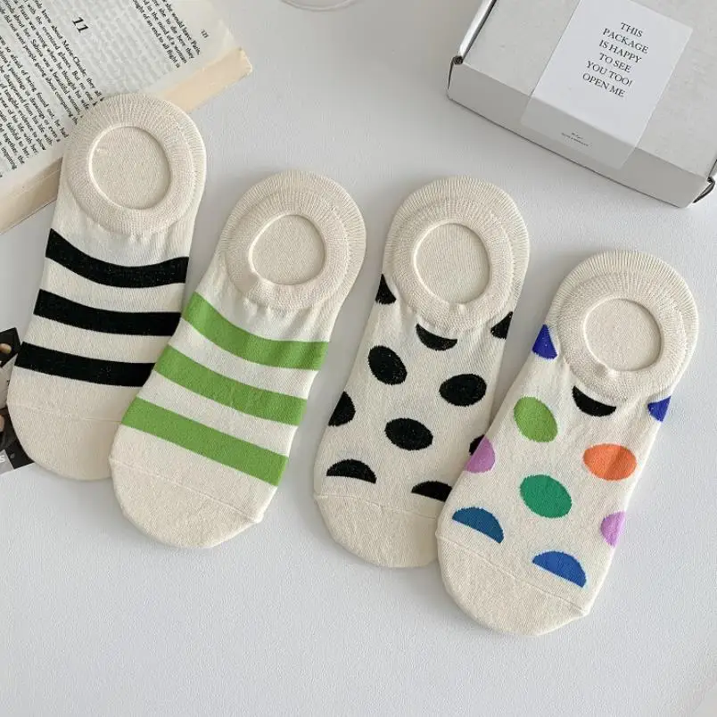 Female Socks Cute Lovely Green Black Striped Rainbow Polka Dot Invisible Summer Below Ankle Boat Short Low Cut Socks for Women