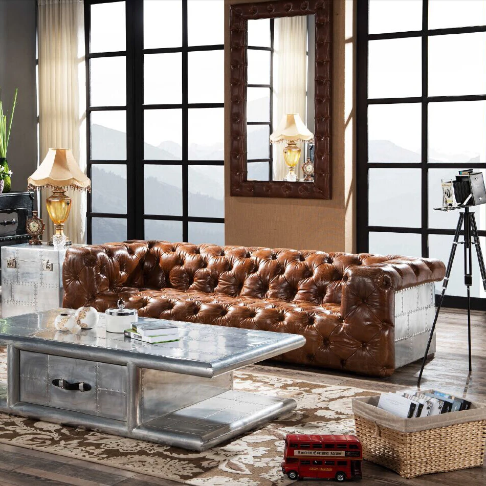  Кожаный диван из авиационного алюминия с задней пуговицей