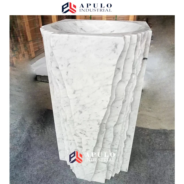 White Marble Standing Basin Sink Artistic Design Marble Pedestal Marble Standing Sink