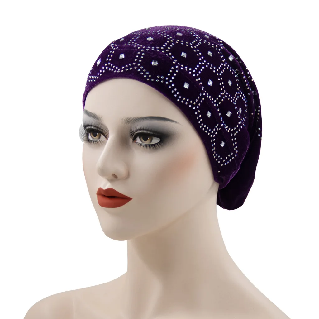 Wholesale 2023 Women Fashion Crystal Muslim Hijab Inner Cap Underscarf Winter Velvet Stretchy Bonnets