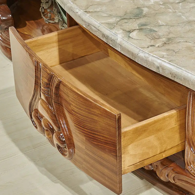 European-style wood coffee table TV cabinet natural marble solid wood carved tea table villa luxury furniture