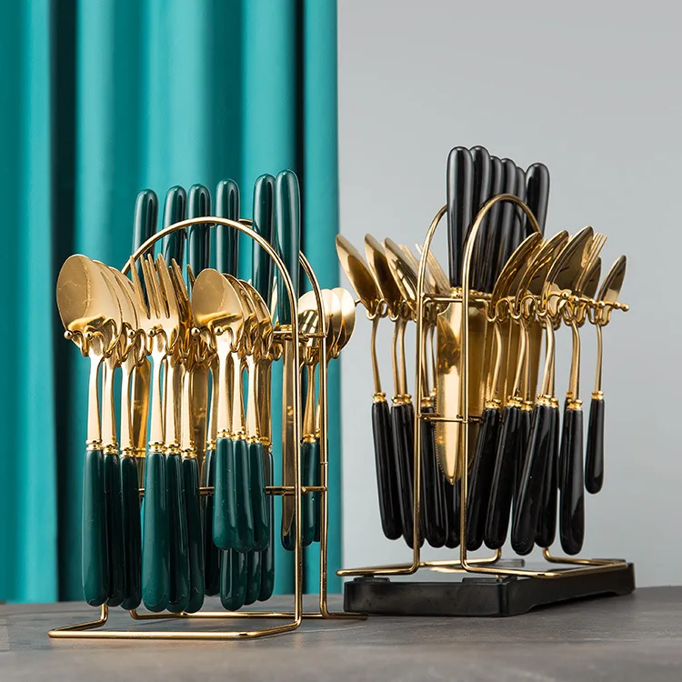 High quality 24 pcs gift gold flatware set ceramic handle stainless steel cutlery with holder