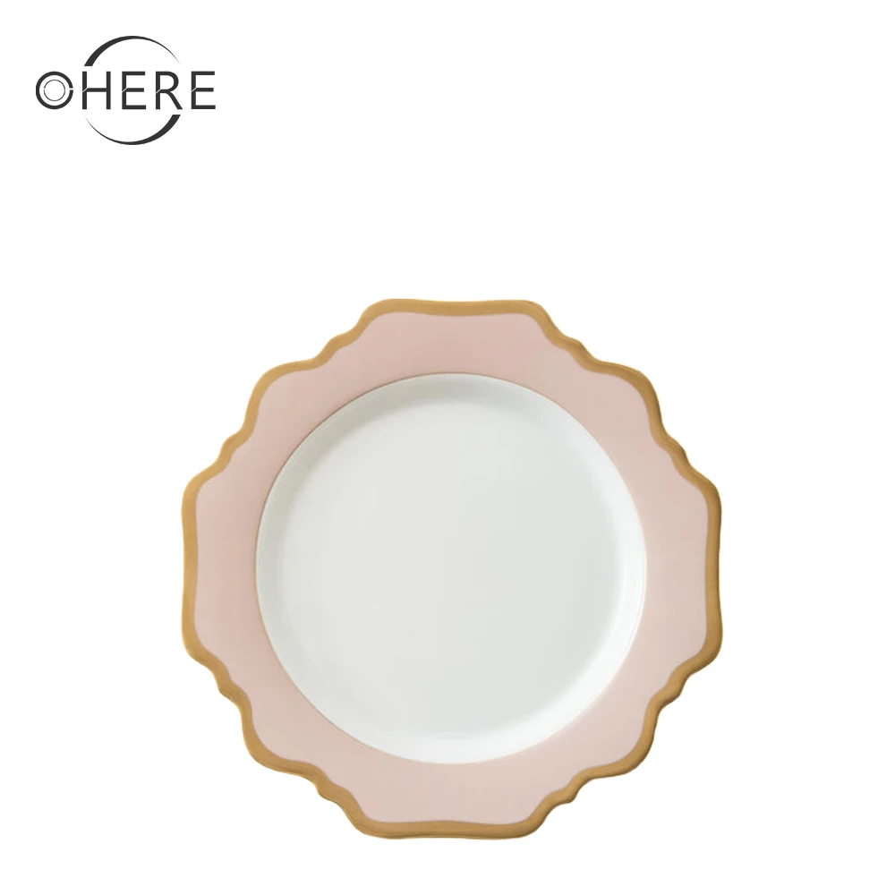 Ohere luxury ceramics tableware sets pink sunflower elegant modern porcelain dinner plate sets pink porcelain dinner plate sets
