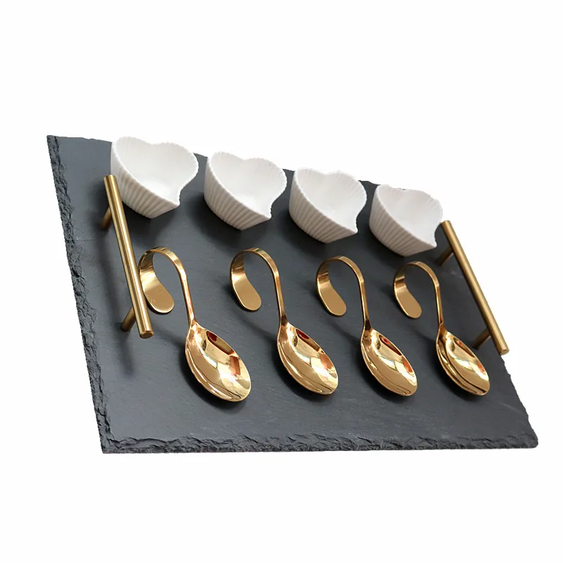 Mail order western style shrink wrap golden spoon golden handle pizza steak slate plate set slate serving board