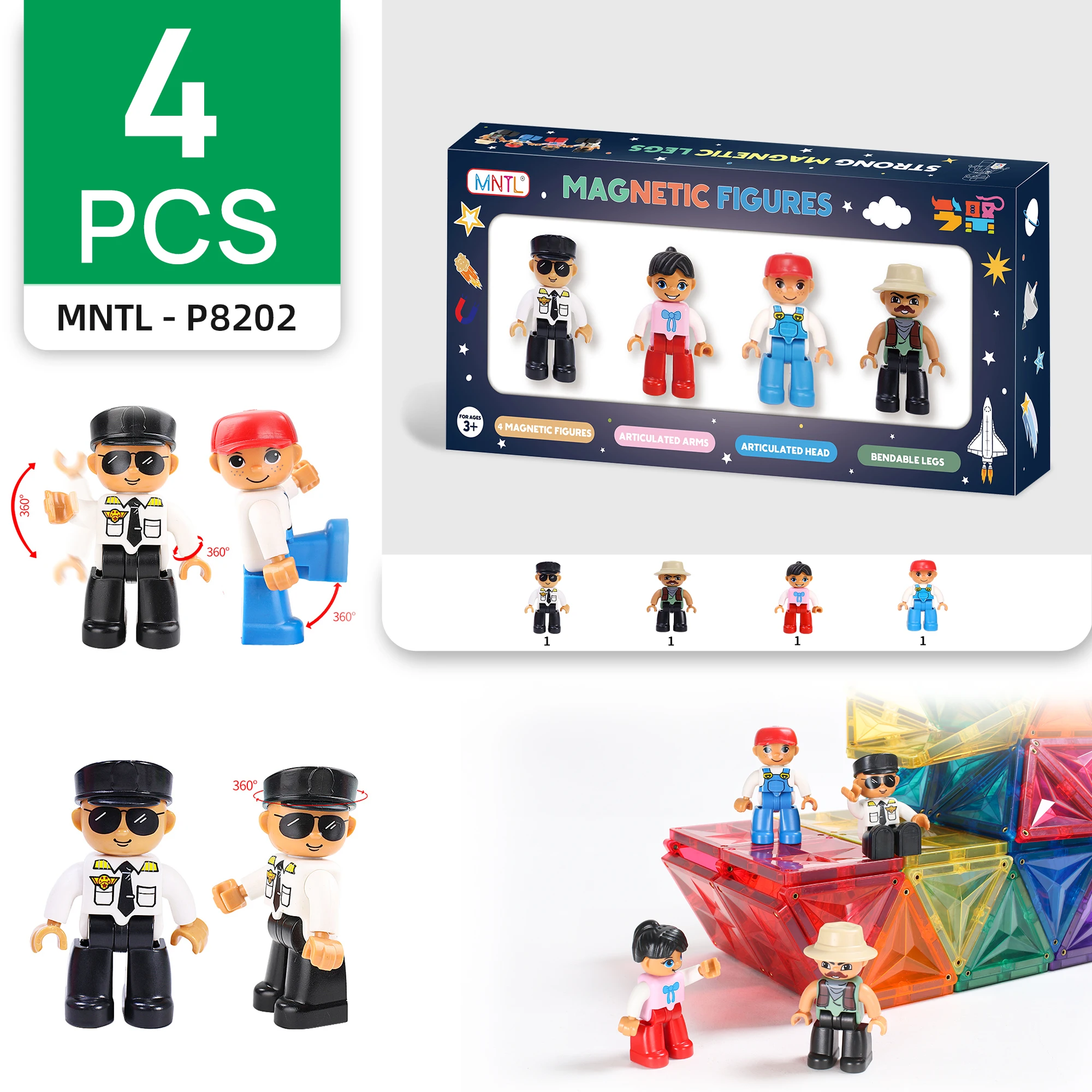 Mntl magnetic blocks educational toys steam magnetic tile kid build block 4pcs little people figures for children