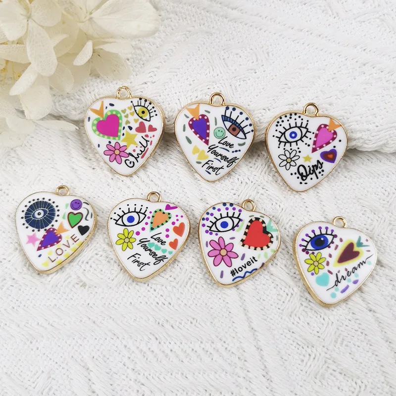Wholesale Supply Metal Alloy Enamel Printing DIY Heart Charm Pendant Bracelet Chain Necklace Customized Accessories Jewelry