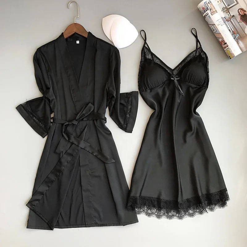 two pieces long sleepwear long dress V-collar sleep dress with gown nightties