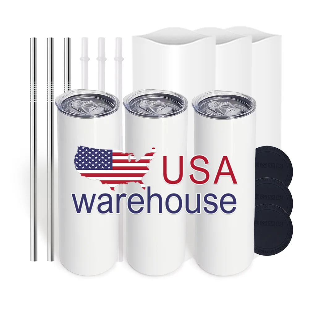 Amazon hot stocked 20oz 30oz Straight skinny White Sublimation Blank Stainless Steel Water Bottle Sublimation Tumbler With Straw