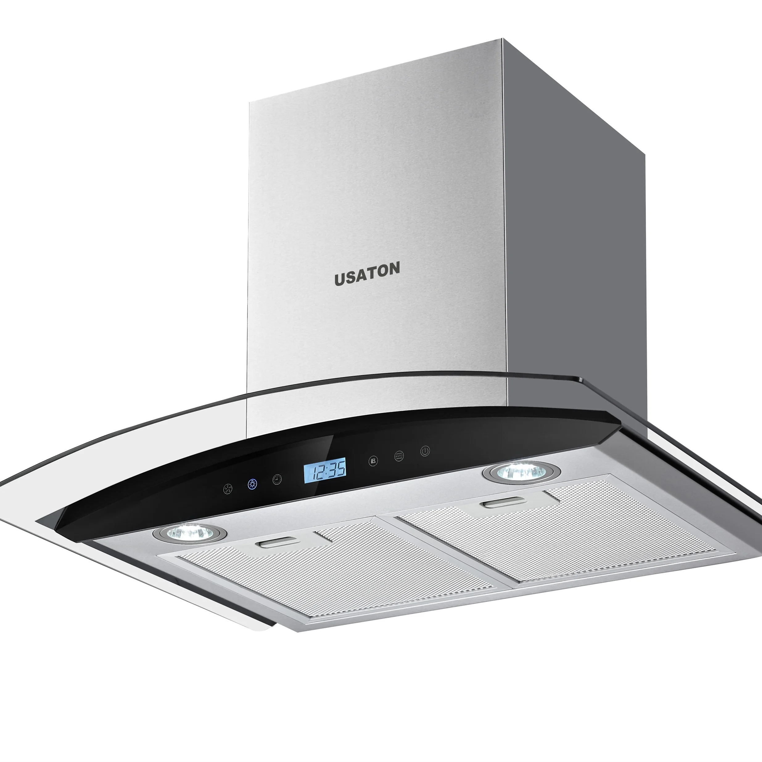 Modern high efficiency unique design kitchen chimney exhaust hood island curve glass restaurant kitchen smart range hood