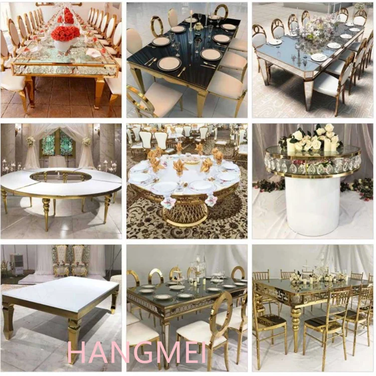 Customized modern outdoor furniture gold stainless steel rectangular long dining table for wedding