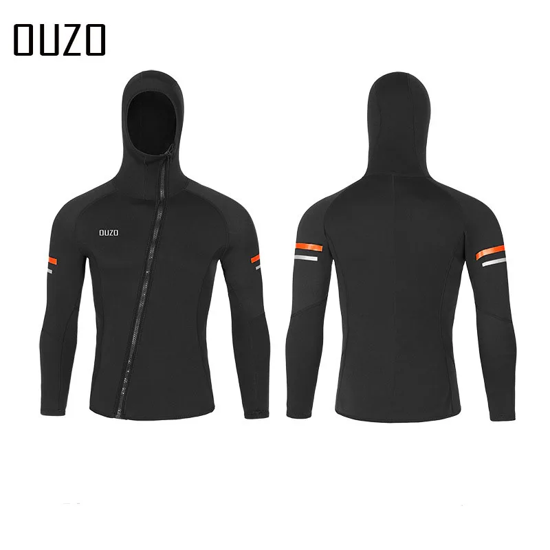 OUZO 1.5MM thickness neoprene tops with hood  open zipper before wearing hat wetsuit surf suit front zipper