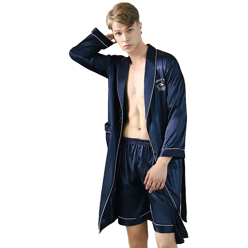 Wholesale mens robe satin silk kimono bathrobe long nightgown sleepwear plus size long sleeve