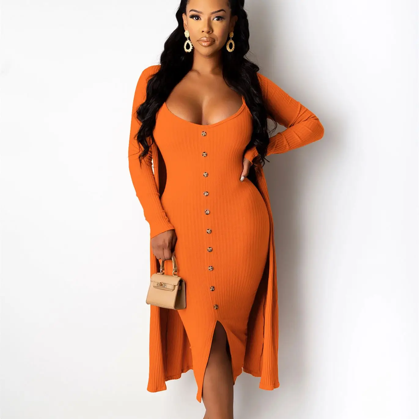2021 Autumn Casual Dresses Knitted Midi Coat Sexy Dresses Cardigan 2pcs set woman Sling Dress Bodycon Long Sleeve Clothing