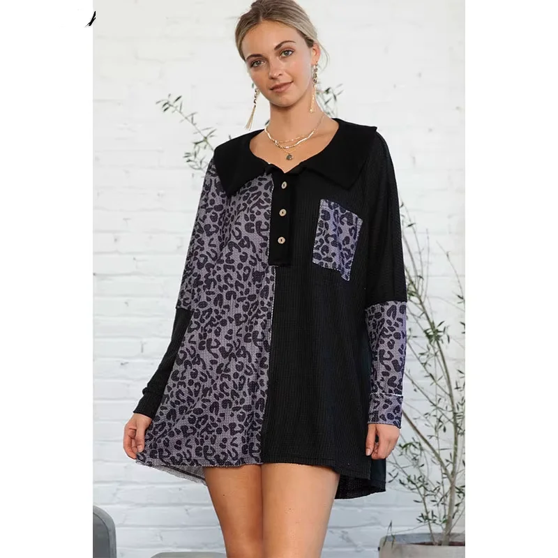 Wholesale New Arrival Oem Leopard Patchwork Waffle Knit Buttoned Split Hem Ribbed Luxury Oversize Sweater Womens