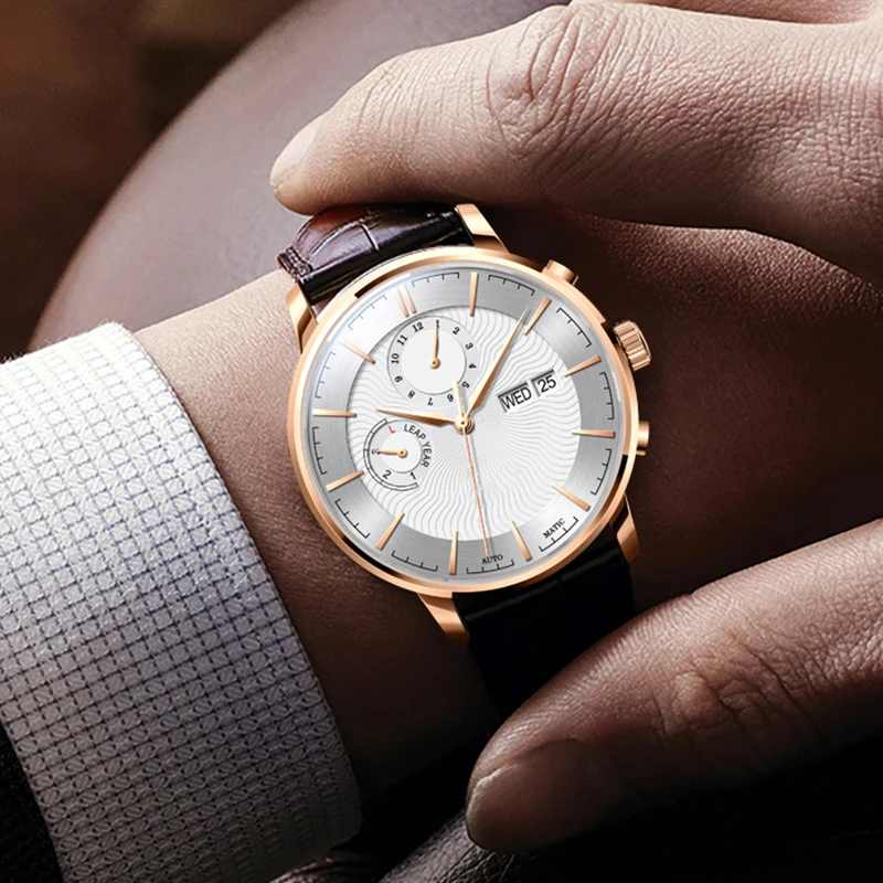 OEM custom leather strap chronograph high quality  back case  men stainless steel automatic watch