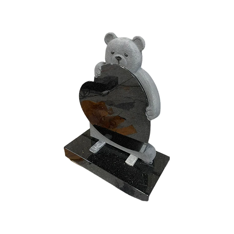 Good Price Poland Style Absolute Black Granite Polymer Bear And Heart Monument Headstone Tombstone