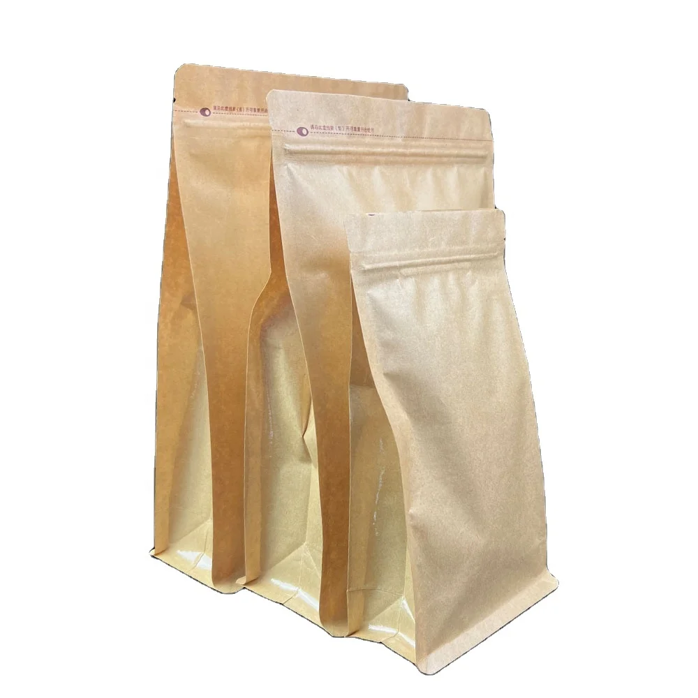food grade standing up flat bottom food packaging compostable eight side seal side gusset pouch kraft paper bag