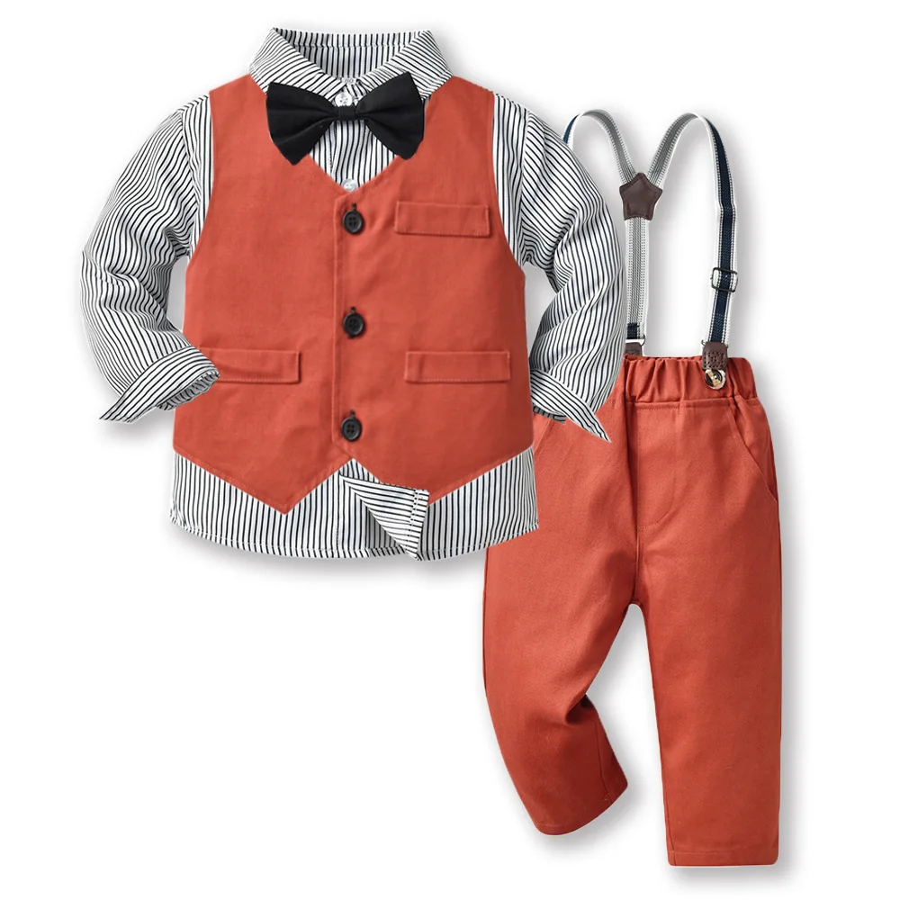 Gentleman Shirt+Bowtie+Suspender+Pants Ring Bearer Baby Boy Outfits Suit Black Toddler Boys Party Clothes Wedding Attire Dress