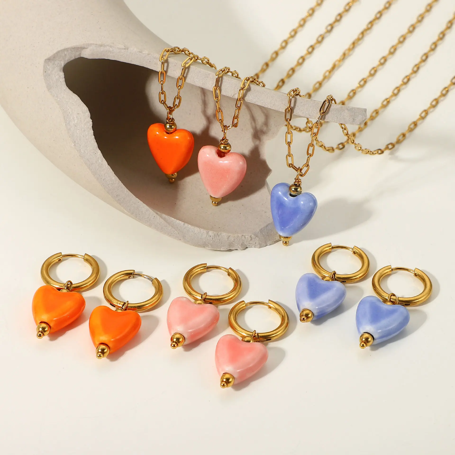 Fashion Heart Pendant Necklace Cross Chain 18K Gold Stainless Steel Earrings Ceramic Heart Earrings For Women