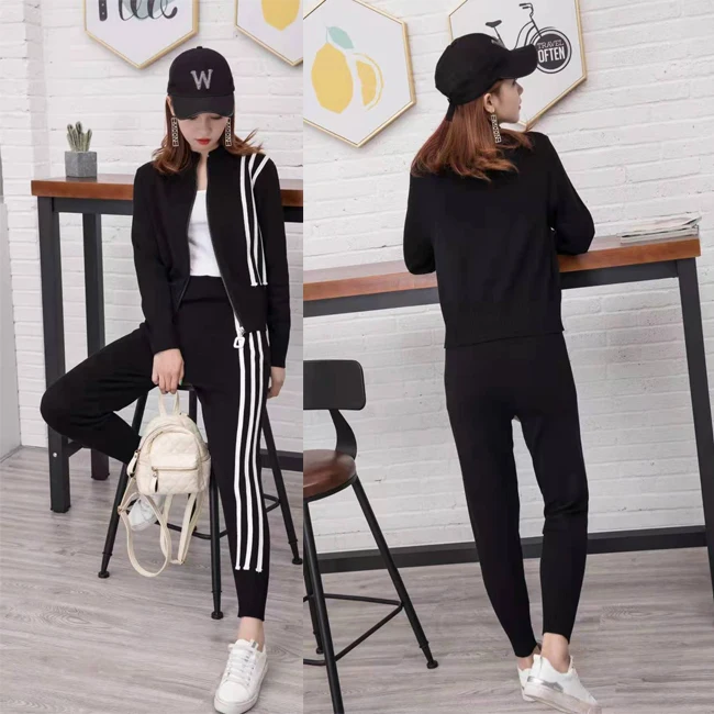 Женский трикотажный спортивный костюм, повседневный джемпер с круглым вырезом и брюки, комплект из двух предметов, весна 2020