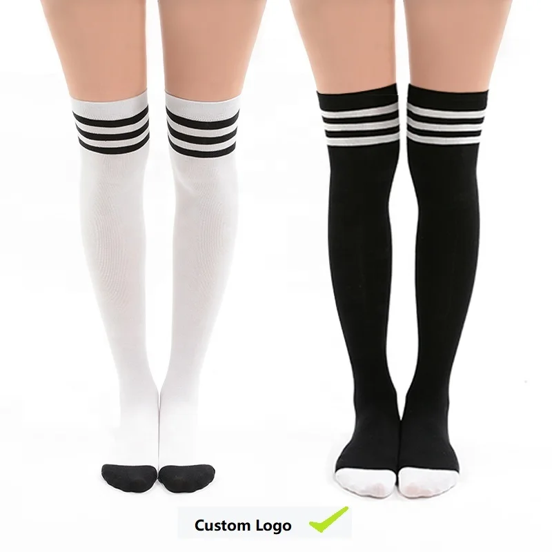 Apparel Wholesale Custom Breathable Knit Knee High White & Black Striped Combed Cotton Women Long Thigh High Socks