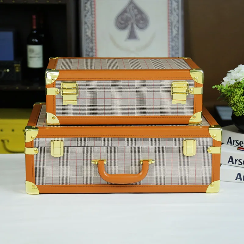 Decorative Wooden Storage Trunk Set of 3 Pu Suitcase Old-Fashioned Antique Luggage Box case with Handle