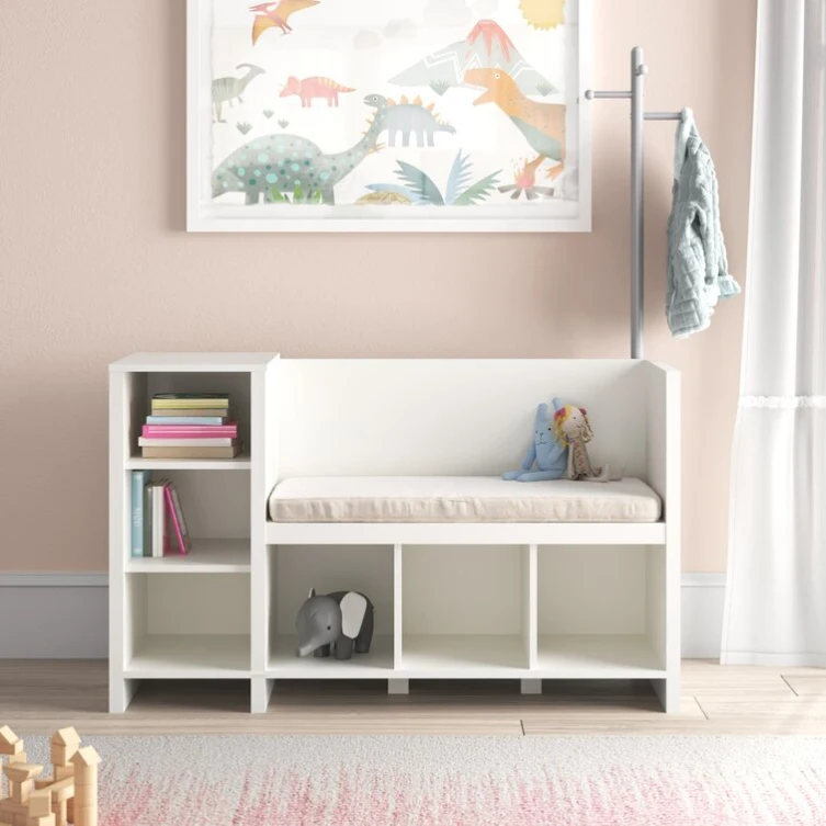 24 Years Factory Direct White Wooden Children Kid Toy Storage Bench and Coat Rack with Soft Cushion