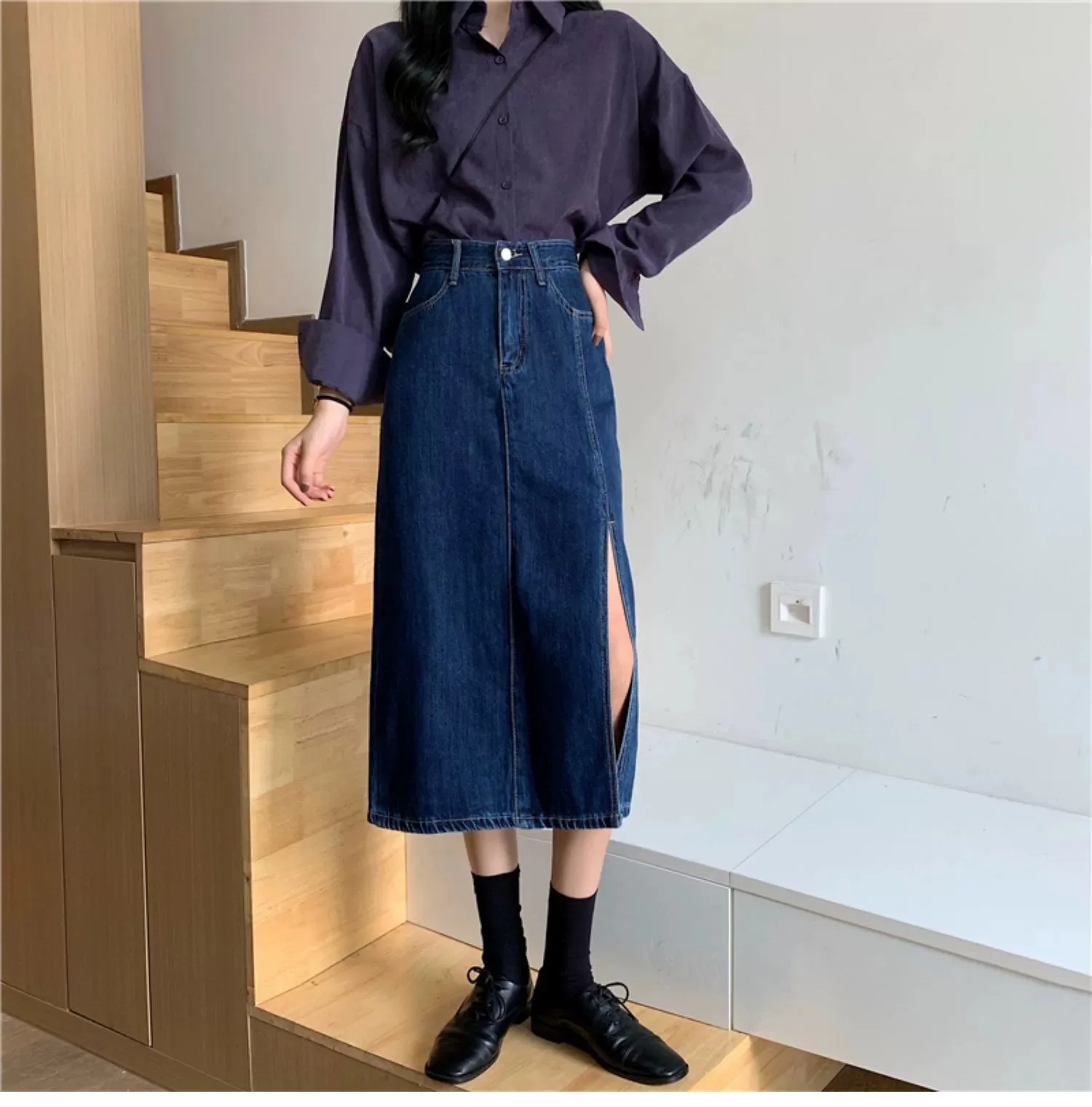 New Design Deep Blue A-Side Hip Wrap Denim Skirt Women Retro Vintage Style Elegant High Waist Slim Long Jean Skirt Summer Spring