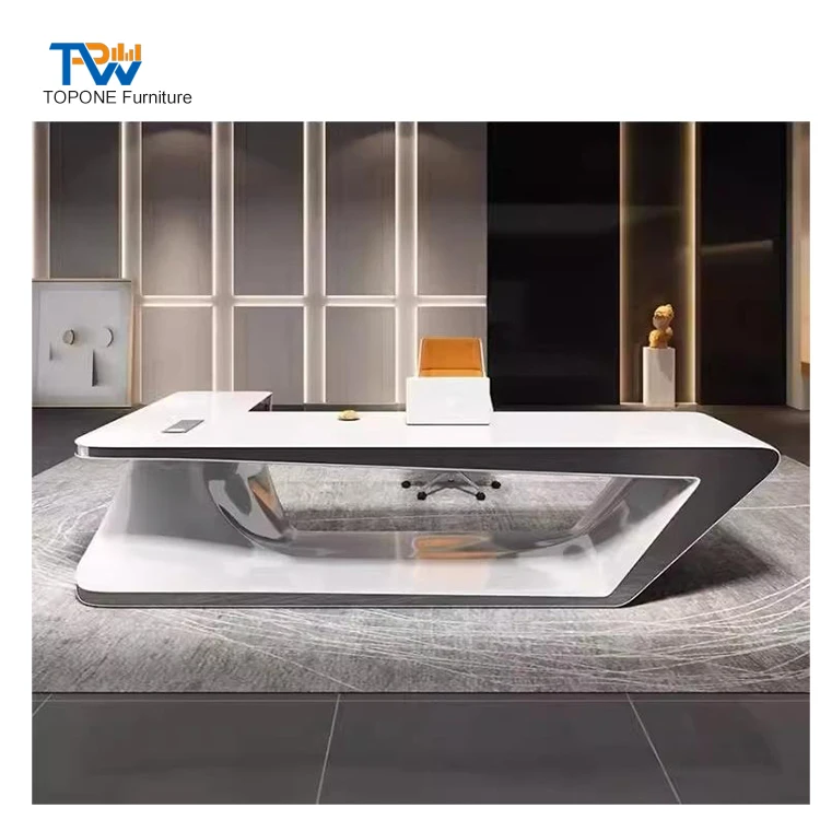 Modern solid surface L shape white blue manager office desk with return open front lacquered office furniture