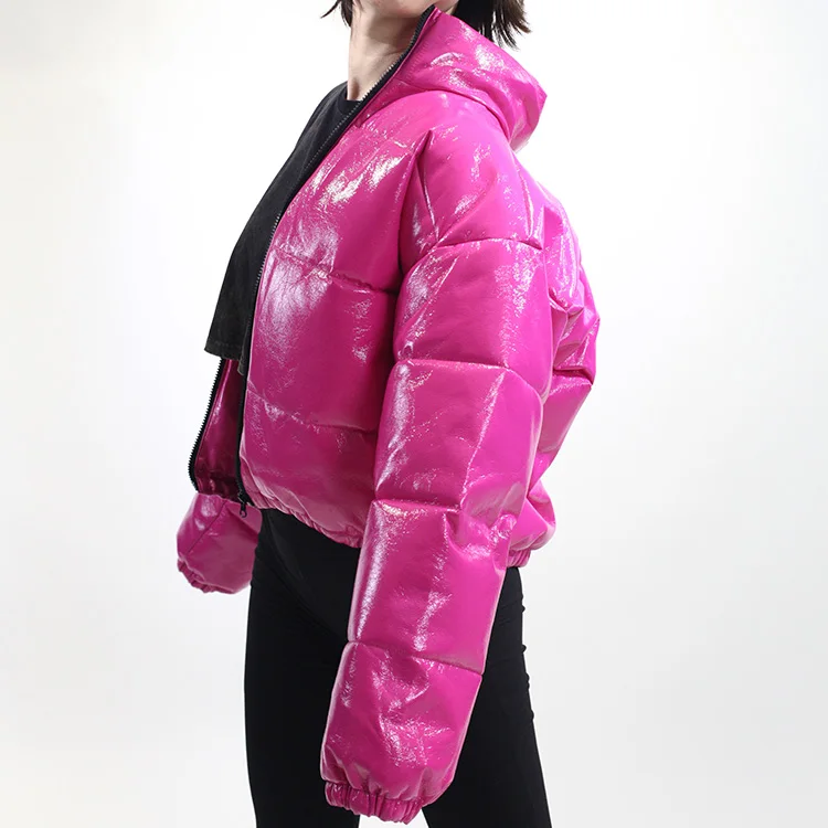 Зимняя одежда 2021, женский укороченный пуховик из светоотражающей ткани с воротником-стойкой, пуховик для дам