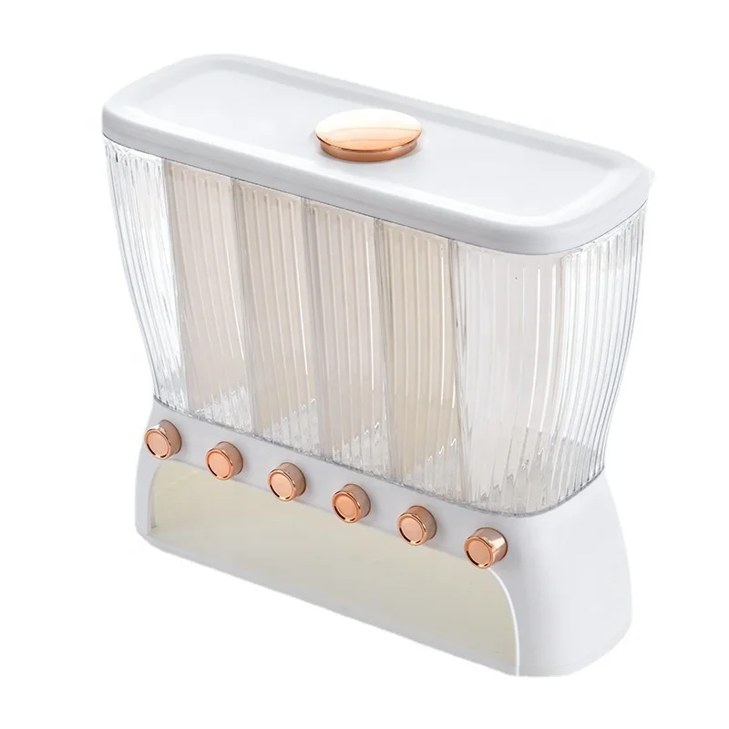 Plastic Kitchen Box Food Storage Container 6 Grids Cereal Grain Rice Dispenser with Measuring Cup and Removable Divider