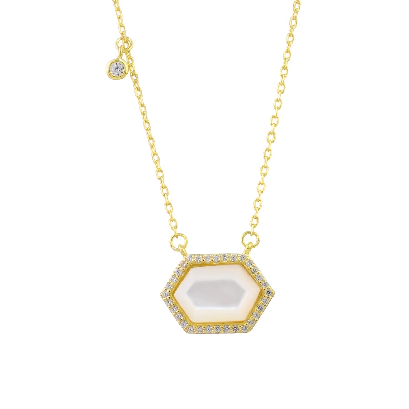 Geometric style octagonal shape French bread white shell zirconia charm pendant necklace Turkey 925 sterling silver jewelry