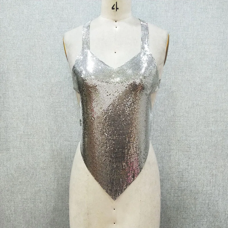 High Quality Sexy Backless Metallic Trendy Copper Sequin Mesh Chainmail Top