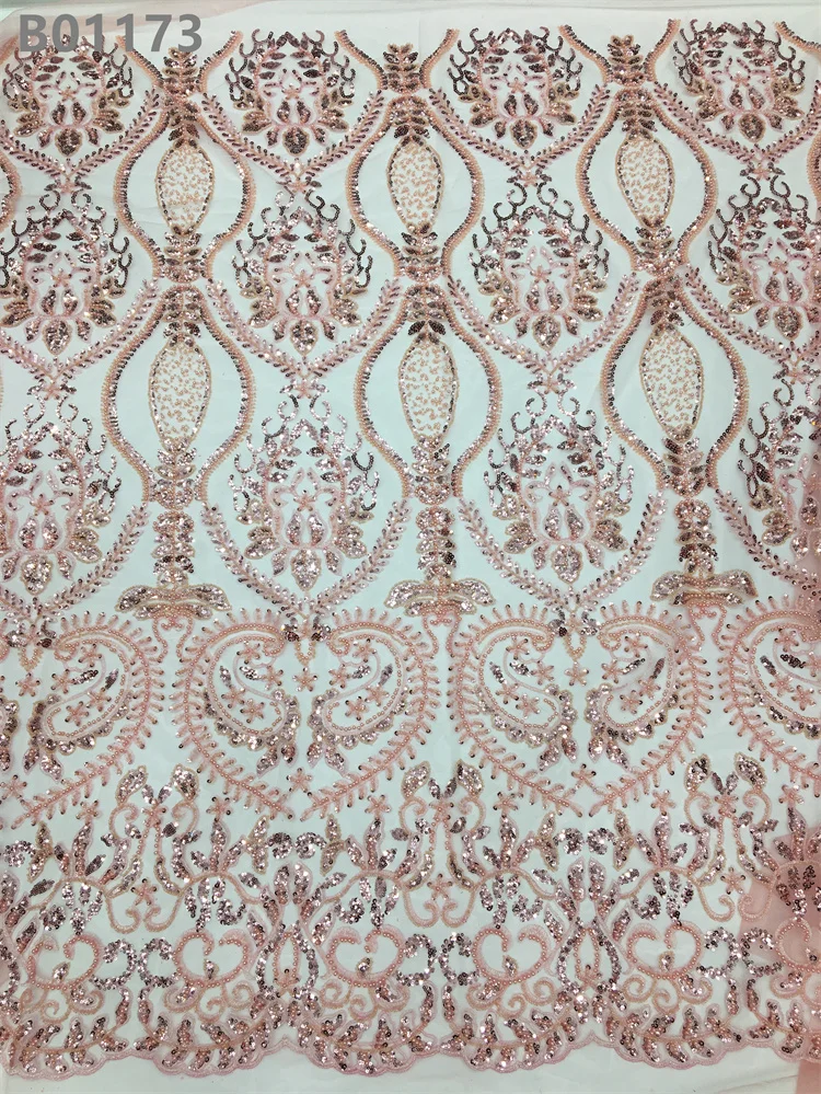 2023 Bulk Buy Nigerian Modern Pink Beaded Lace Fabric Bridal Embroidery Glitter Lace for Dress