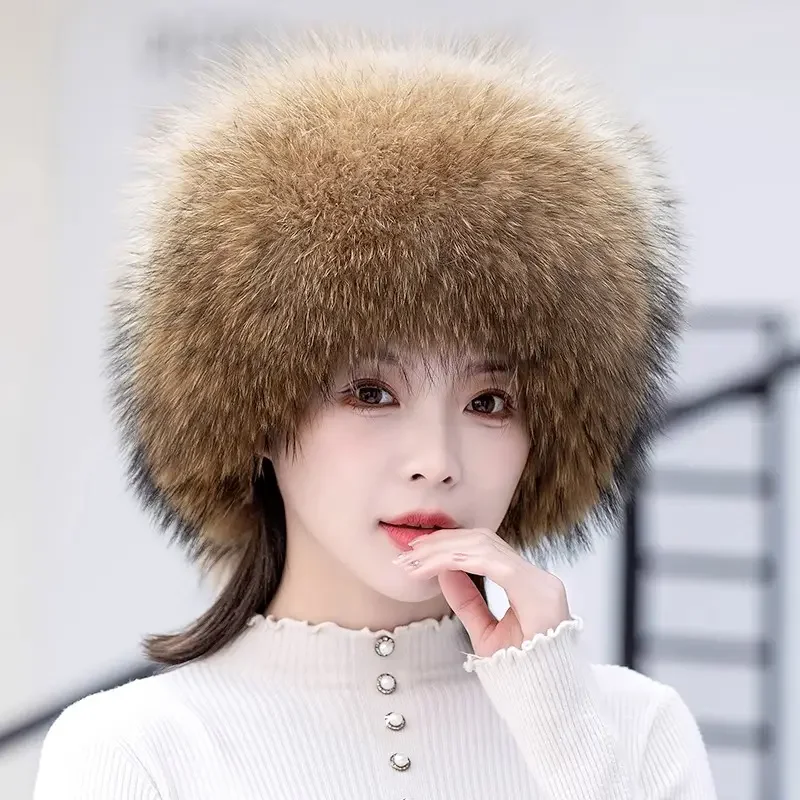 MWfur Fashion Russian Raccoon Fur Silver White Fox Fur Hat For Women Ladies Winter Plush Fox Fur Hat with Tail