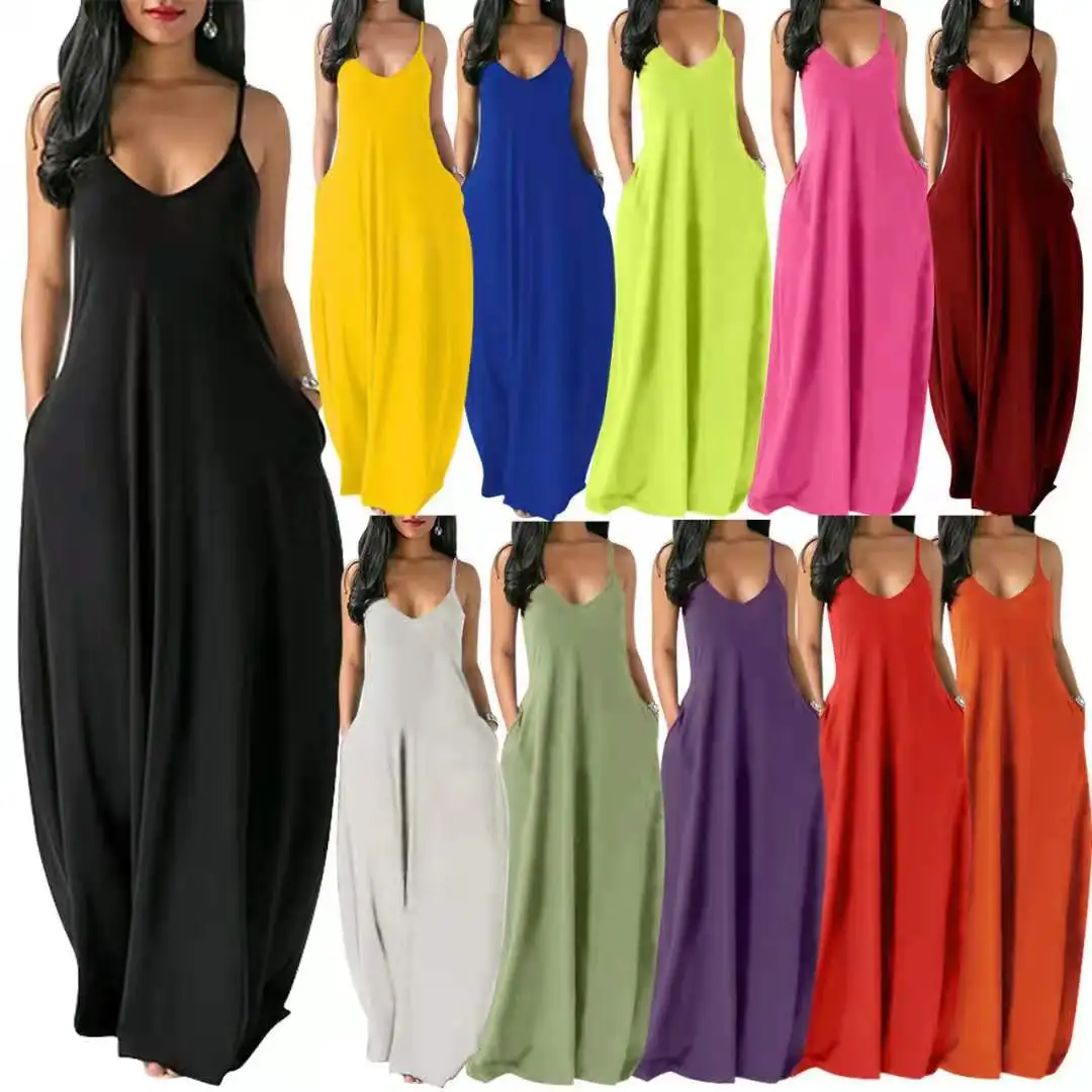 Women Pocket Long Dress Sexy V-Neck Sleeveless Loose Casual Dresses Summer Spaghetti Strap Solid Color Beach Maxi Dress S-5XL