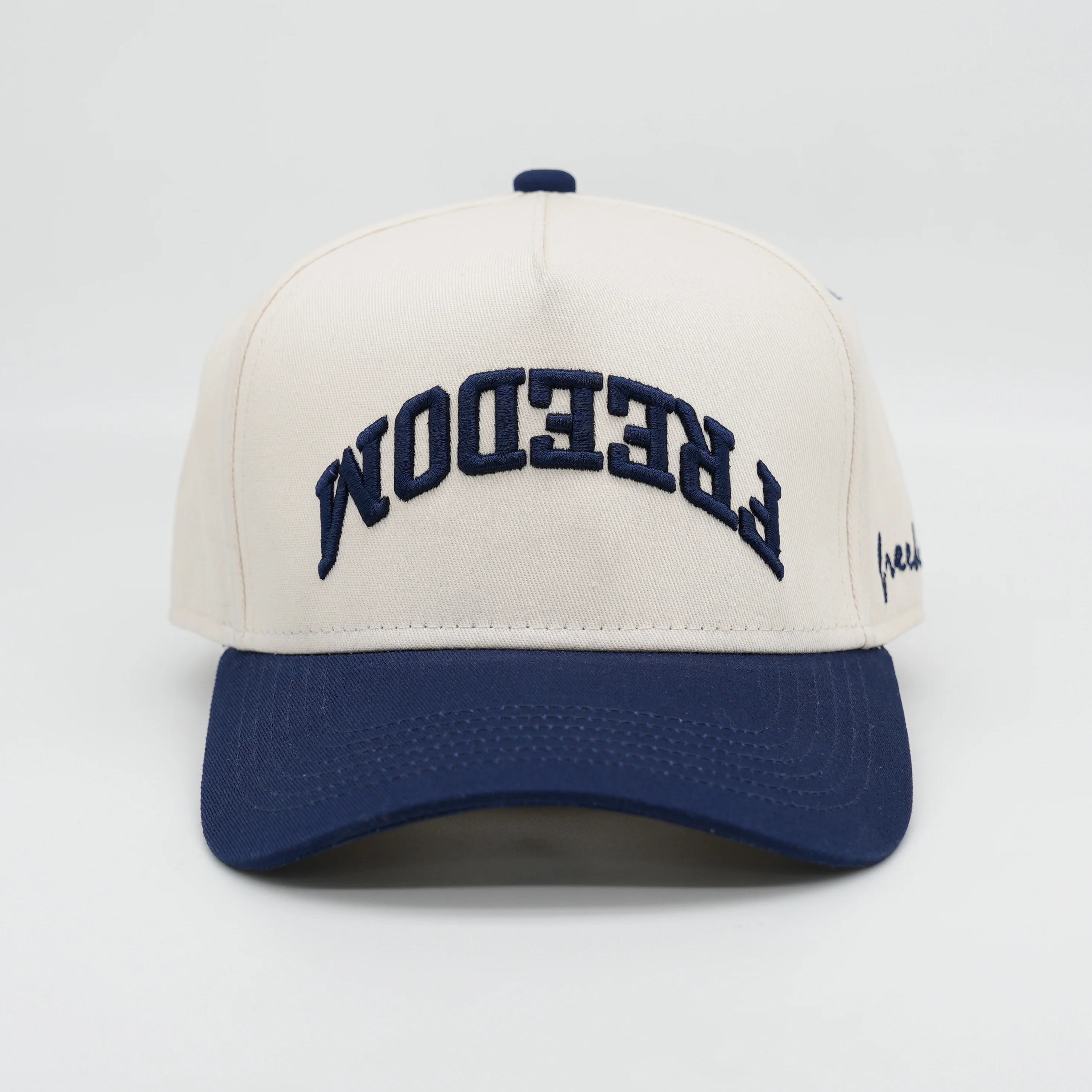 Oem Custom High Quality 5 Panel A Frame 3d Embroidery Logo Navy Beige Color Two Tone Baseball Cap Snapback Hat For Man