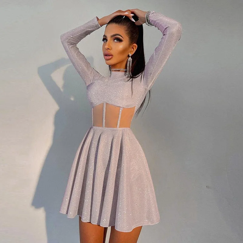 Long Sleeve Winter Fashion Dress Shinny Glitter Cute A -line Dress Faux Mesh Corset Dress party Women