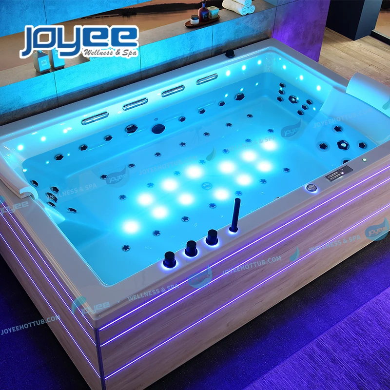 JOYEE high end 2 persons romantic led waterfall massage ERC 2 sided skirt corner jacouzi whirlpool bathtubs whirlpool shower