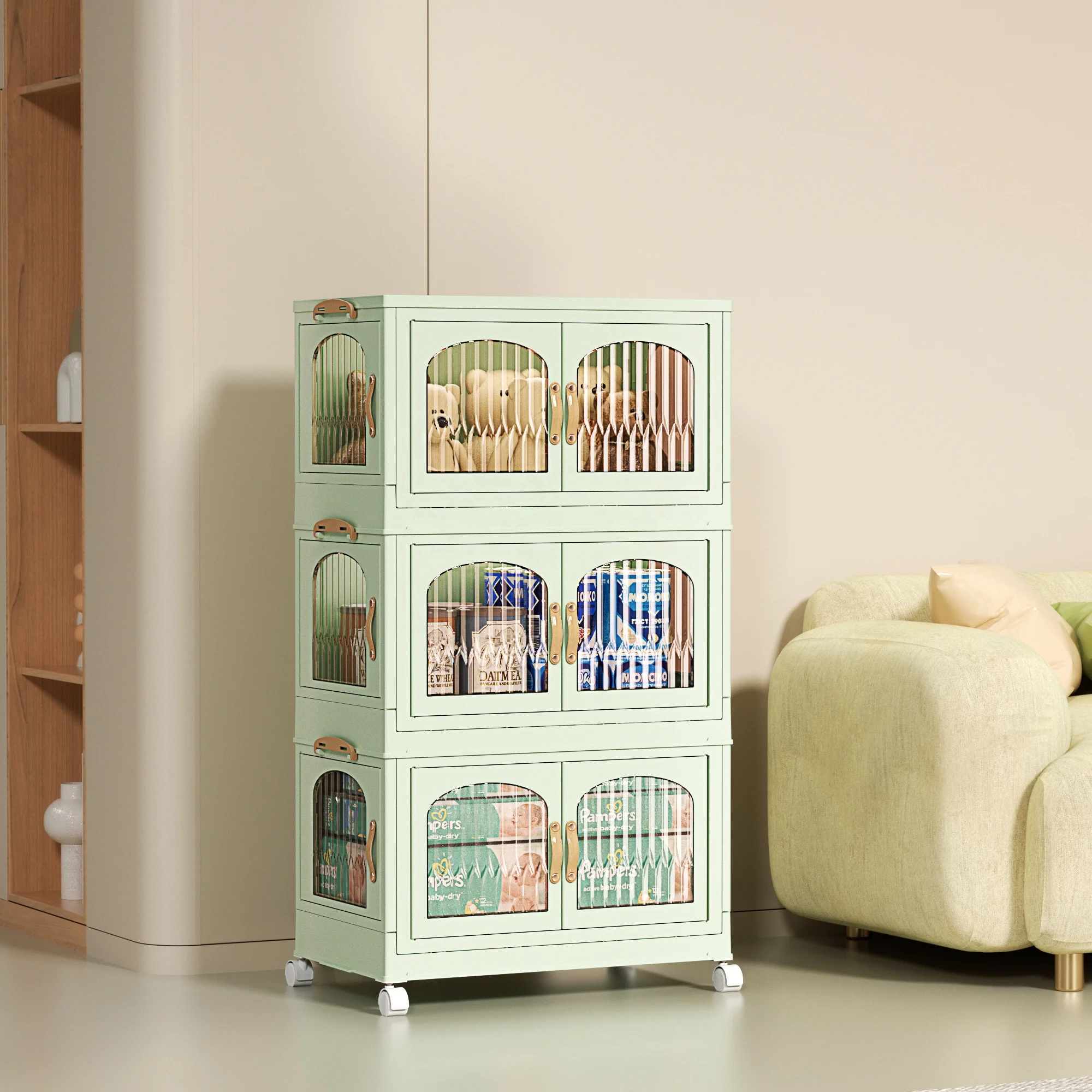 3 Packs 11 Gal Plastic Collapsible Storage Cabinet Box Organizers and Storage Containers with Wheels and doors