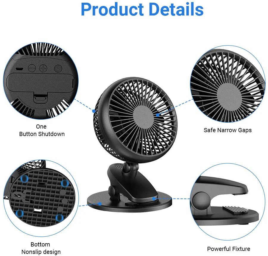 Baby Stroller Cordless Cooling Fan USB Rechargeable Portable Mini Desk Clip Fan Carriage Clamp Fan for Crib Camping Outdoor