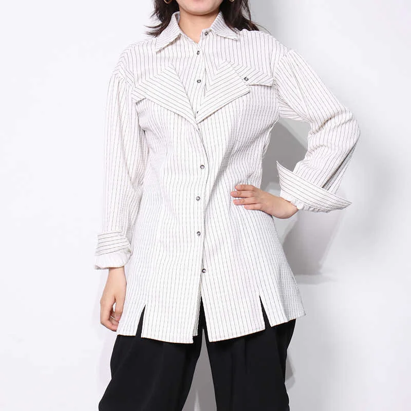 TWOTWINSTYLE Lapel Long Sleeve Patchwork Striped Single Breasted Ladies Women Tops Elegant Blouses