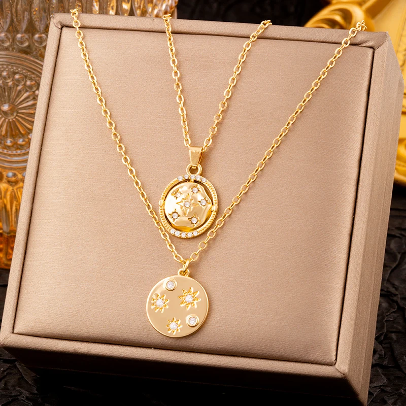 CDD Popular Round Coin Star Moon Double-Layer Necklace Fashion Pendant Girls Gold Color Chain Neck Jewelry Gifts