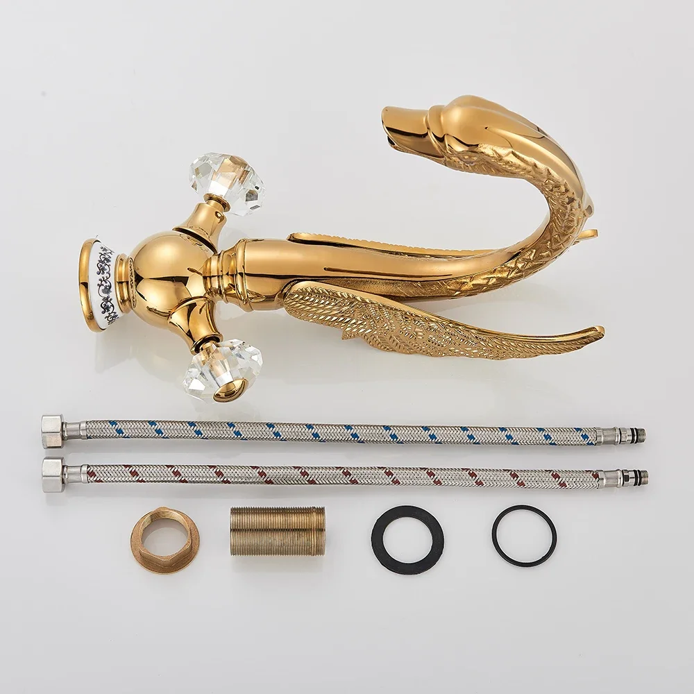 Golden Swan Basin Faucet Deck Mounted Bathroom Faucet Hot and Cold Water Mixer Tap Bath Water Faucet Basin Sink Taps