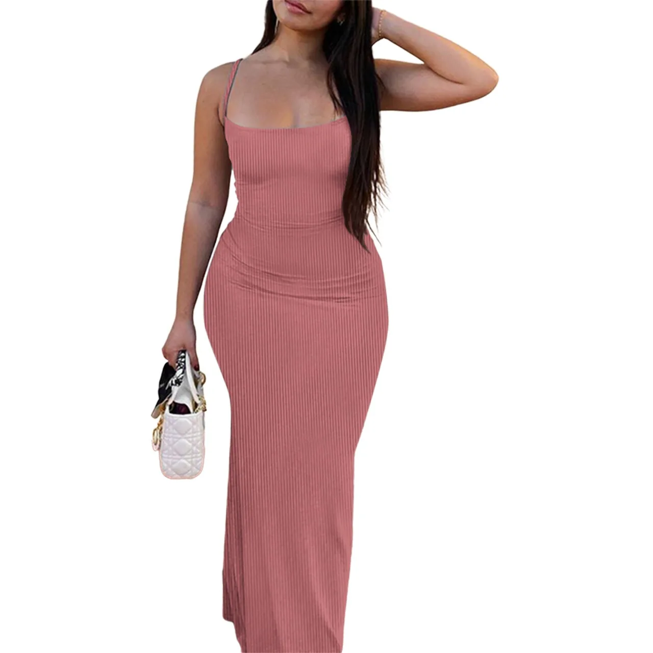 Women Clothing Casual Dresses Trendy Solid Spaghetti Knitted Dress Bodycon Maxi Long Ribbed Dress For Women