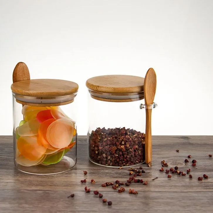 250ml Kitchen Glass Spice Sugar Salt Storage Canisters Set With Bamboo Lids And Spoon